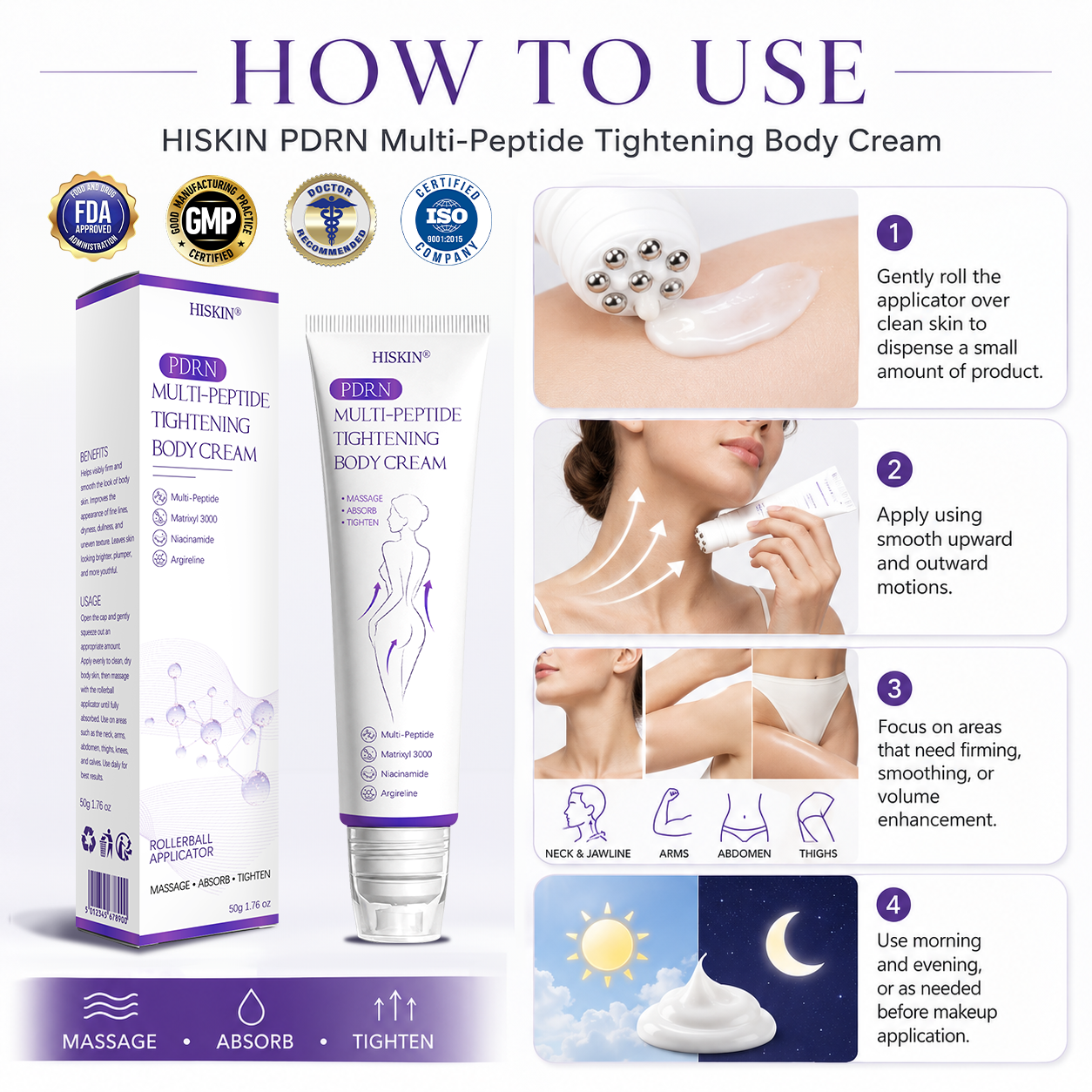 HISKINÂŽ PDRN Multi-Peptide Massaging Body Roller Cream- Anti-aging, Hydrating, Skin Firming & Lifting, Skin Repair, Even Tone, Acne and Dark Spot Treatment, Wart and Mole Removal, and Psoriasis Relief.