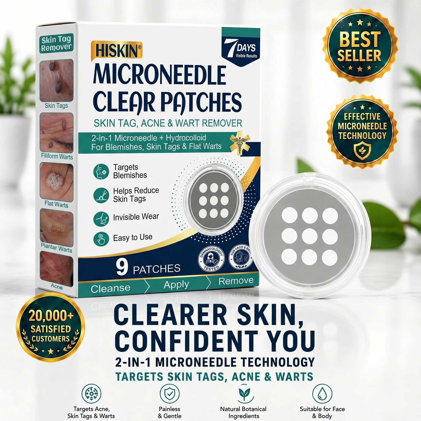 ✨Hiskin ® 2-in-1 Microneedle & Hydrocolloid Patch🍀 | Removes raised moles, acne, flat warts, and skin tags | Helps improve wrinkles, scars, and blemishes | Invisible patches for face and body