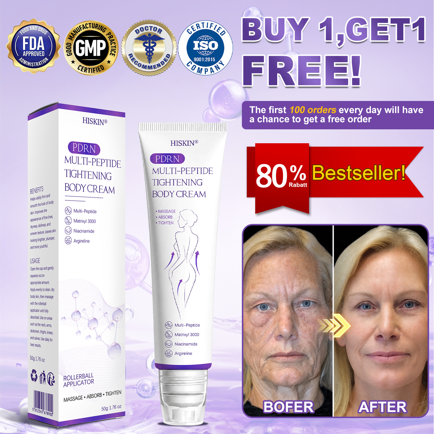 HISKIN® PDRN Multi-Peptide Massaging Body Roller Cream- Anti-aging, Hydrating, Skin Firming & Lifting, Skin Repair, Even Tone, Acne and Dark Spot Treatment, Wart and Mole Removal, and Psoriasis Relief.